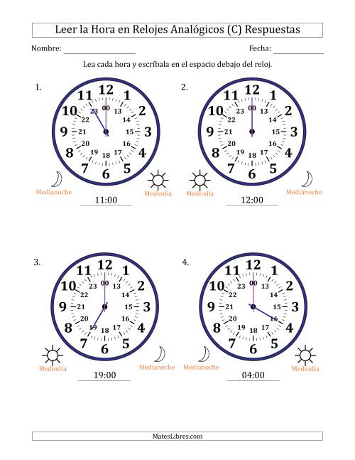 La hoja de ejercicios de Leer la Hora en Relojes Analógicos de 24 Horas en Intervalos de 1 Hora (4 Relojes Grandes) (C) Página 2