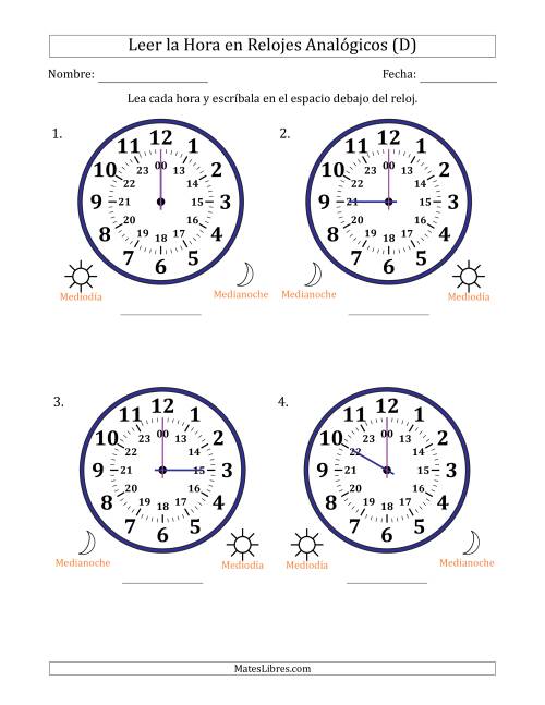 La hoja de ejercicios de Leer la Hora en Relojes Analógicos de 24 Horas en Intervalos de 1 Hora (4 Relojes Grandes) (D)