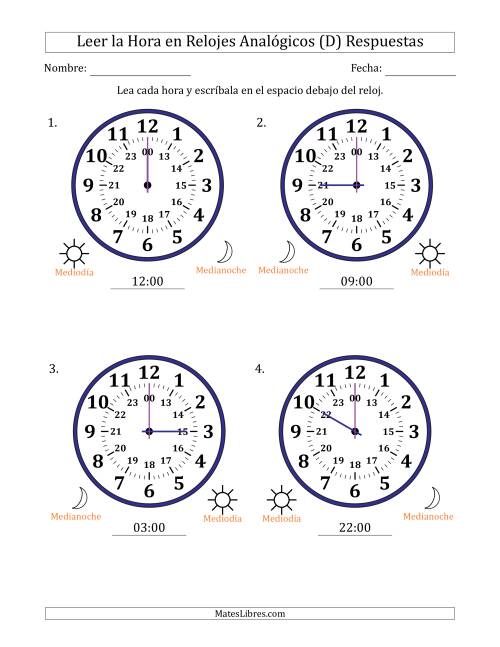 La hoja de ejercicios de Leer la Hora en Relojes Analógicos de 24 Horas en Intervalos de 1 Hora (4 Relojes Grandes) (D) Página 2