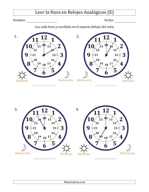 La hoja de ejercicios de Leer la Hora en Relojes Analógicos de 24 Horas en Intervalos de 1 Hora (4 Relojes Grandes) (E)