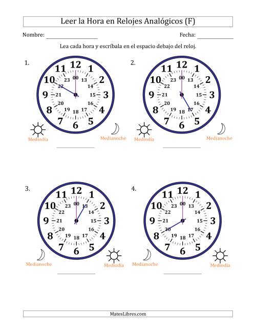 La hoja de ejercicios de Leer la Hora en Relojes Analógicos de 24 Horas en Intervalos de 1 Hora (4 Relojes Grandes) (F)