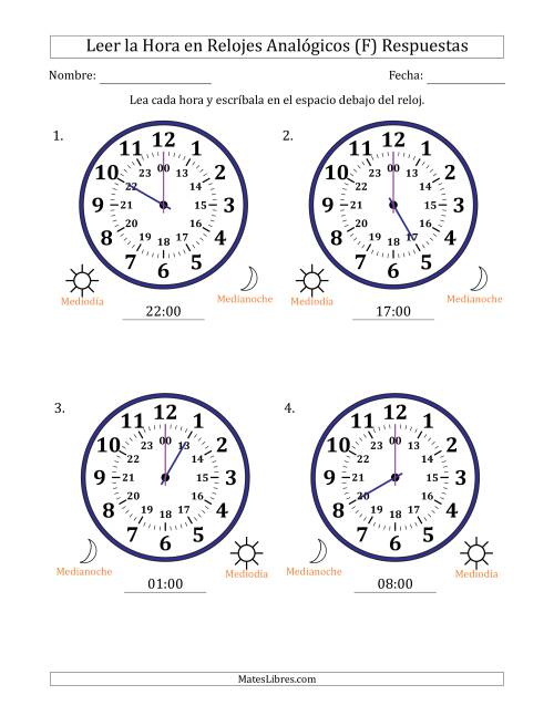 La hoja de ejercicios de Leer la Hora en Relojes Analógicos de 24 Horas en Intervalos de 1 Hora (4 Relojes Grandes) (F) Página 2