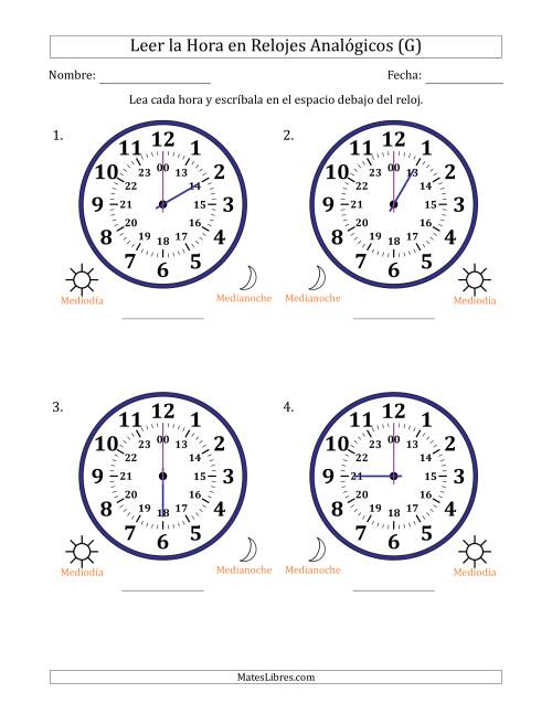 La hoja de ejercicios de Leer la Hora en Relojes Analógicos de 24 Horas en Intervalos de 1 Hora (4 Relojes Grandes) (G)