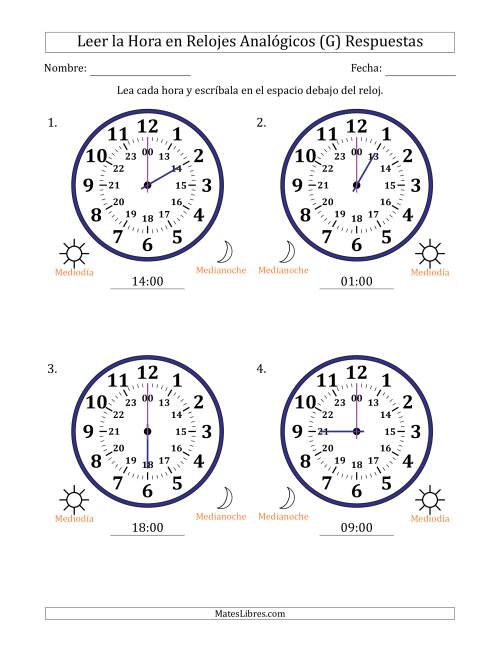 La hoja de ejercicios de Leer la Hora en Relojes Analógicos de 24 Horas en Intervalos de 1 Hora (4 Relojes Grandes) (G) Página 2