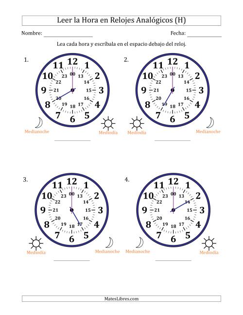 La hoja de ejercicios de Leer la Hora en Relojes Analógicos de 24 Horas en Intervalos de 1 Hora (4 Relojes Grandes) (H)