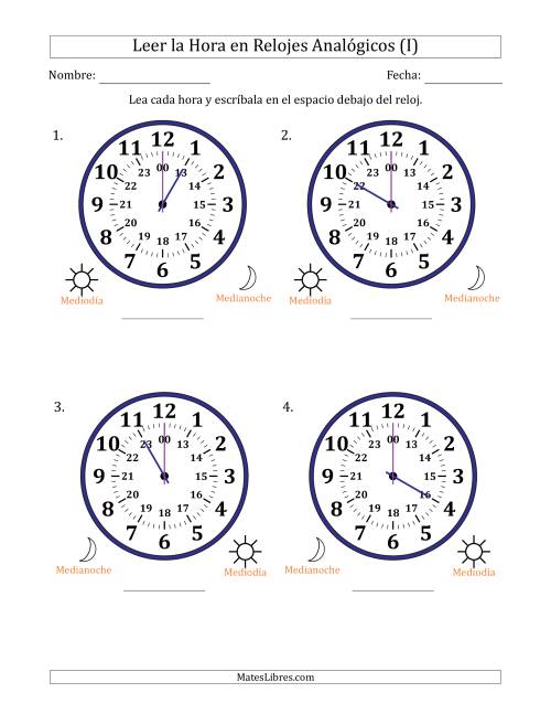 La hoja de ejercicios de Leer la Hora en Relojes Analógicos de 24 Horas en Intervalos de 1 Hora (4 Relojes Grandes) (I)
