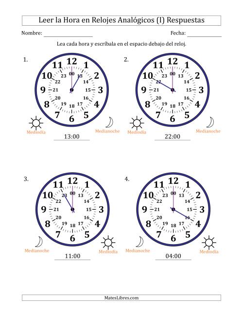La hoja de ejercicios de Leer la Hora en Relojes Analógicos de 24 Horas en Intervalos de 1 Hora (4 Relojes Grandes) (I) Página 2