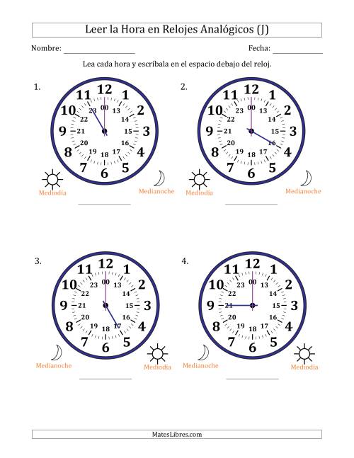 La hoja de ejercicios de Leer la Hora en Relojes Analógicos de 24 Horas en Intervalos de 1 Hora (4 Relojes Grandes) (J)