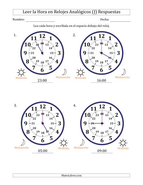 La hoja de ejercicios de Leer la Hora en Relojes Analógicos de 24 Horas en Intervalos de 1 Hora (4 Relojes Grandes) (J) Página 2