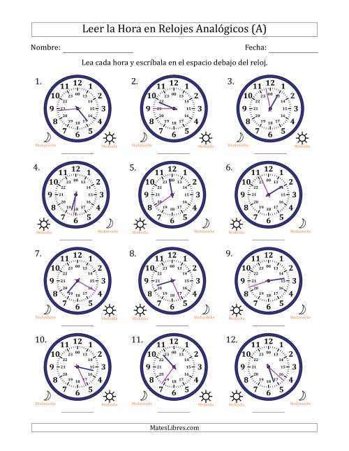 La hoja de ejercicios de Leer la Hora en Relojes Analógicos de 24 Horas en Intervalos de 1 Minuto (12 Relojes) (A)