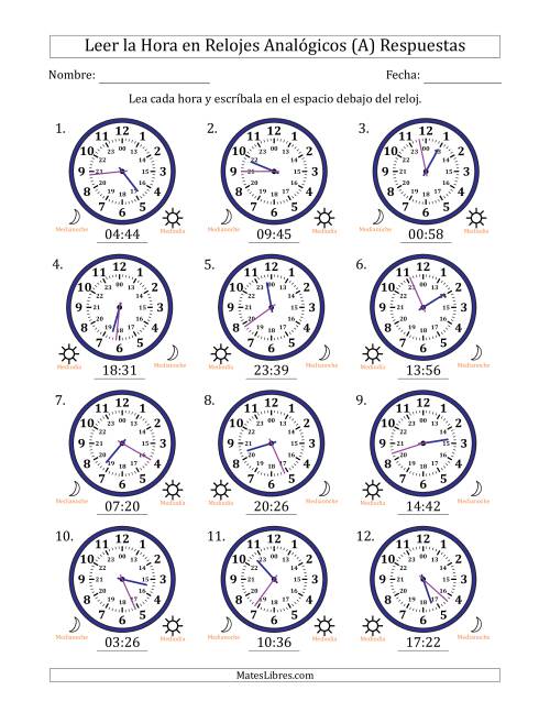 La hoja de ejercicios de Leer la Hora en Relojes Analógicos de 24 Horas en Intervalos de 1 Minuto (12 Relojes) (A) Página 2