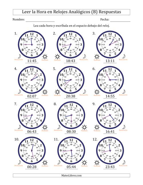 La hoja de ejercicios de Leer la Hora en Relojes Analógicos de 24 Horas en Intervalos de 1 Minuto (12 Relojes) (B) Página 2