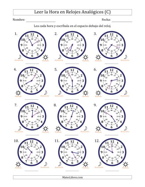 La hoja de ejercicios de Leer la Hora en Relojes Analógicos de 24 Horas en Intervalos de 1 Minuto (12 Relojes) (C)