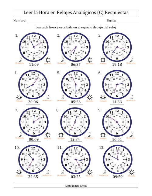 La hoja de ejercicios de Leer la Hora en Relojes Analógicos de 24 Horas en Intervalos de 1 Minuto (12 Relojes) (C) Página 2