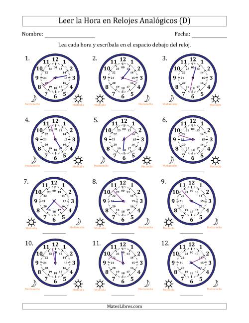 La hoja de ejercicios de Leer la Hora en Relojes Analógicos de 24 Horas en Intervalos de 1 Minuto (12 Relojes) (D)