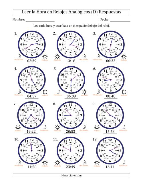 La hoja de ejercicios de Leer la Hora en Relojes Analógicos de 24 Horas en Intervalos de 1 Minuto (12 Relojes) (D) Página 2