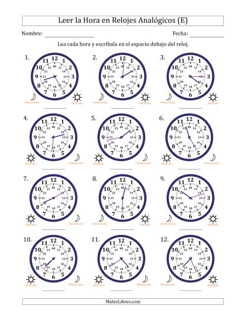 La hoja de ejercicios de Leer la Hora en Relojes Analógicos de 24 Horas en Intervalos de 1 Minuto (12 Relojes) (E)