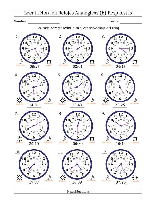 La hoja de ejercicios de Leer la Hora en Relojes Analógicos de 24 Horas en Intervalos de 1 Minuto (12 Relojes) (E) Página 2
