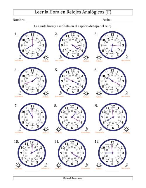 La hoja de ejercicios de Leer la Hora en Relojes Analógicos de 24 Horas en Intervalos de 1 Minuto (12 Relojes) (F)