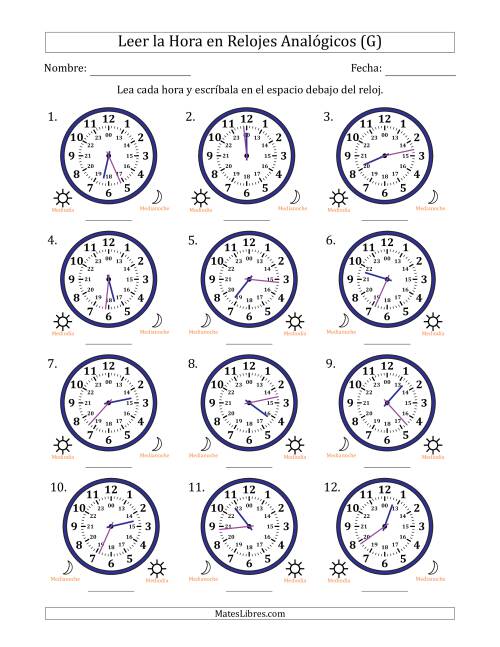La hoja de ejercicios de Leer la Hora en Relojes Analógicos de 24 Horas en Intervalos de 1 Minuto (12 Relojes) (G)