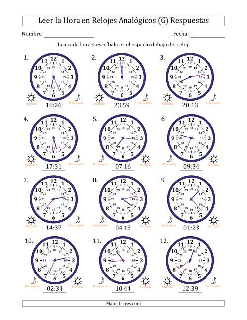La hoja de ejercicios de Leer la Hora en Relojes Analógicos de 24 Horas en Intervalos de 1 Minuto (12 Relojes) (G) Página 2