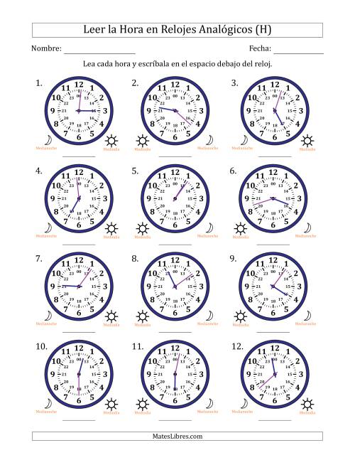 La hoja de ejercicios de Leer la Hora en Relojes Analógicos de 24 Horas en Intervalos de 1 Minuto (12 Relojes) (H)