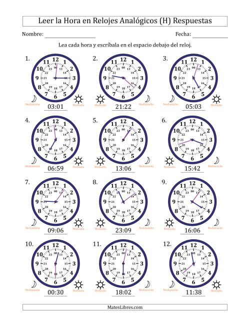 La hoja de ejercicios de Leer la Hora en Relojes Analógicos de 24 Horas en Intervalos de 1 Minuto (12 Relojes) (H) Página 2