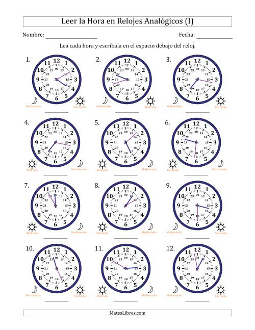 La hoja de ejercicios de Leer la Hora en Relojes Analógicos de 24 Horas en Intervalos de 1 Minuto (12 Relojes) (I)