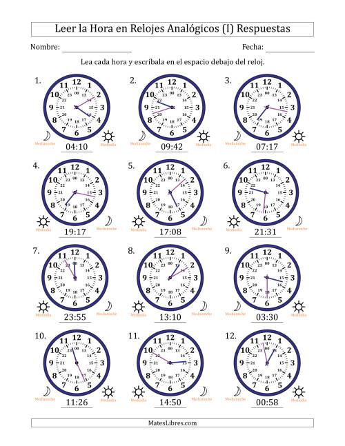 La hoja de ejercicios de Leer la Hora en Relojes Analógicos de 24 Horas en Intervalos de 1 Minuto (12 Relojes) (I) Página 2
