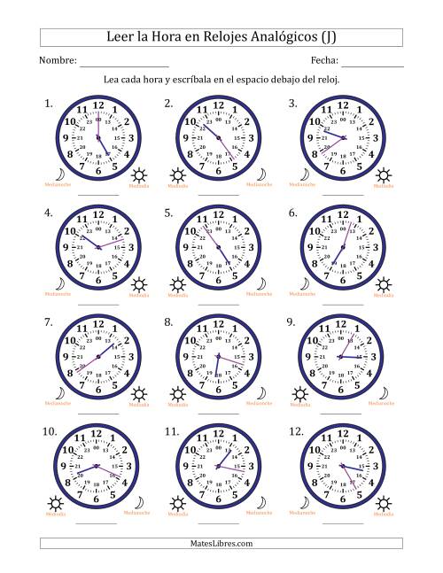 La hoja de ejercicios de Leer la Hora en Relojes Analógicos de 24 Horas en Intervalos de 1 Minuto (12 Relojes) (J)