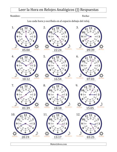 La hoja de ejercicios de Leer la Hora en Relojes Analógicos de 24 Horas en Intervalos de 1 Minuto (12 Relojes) (J) Página 2