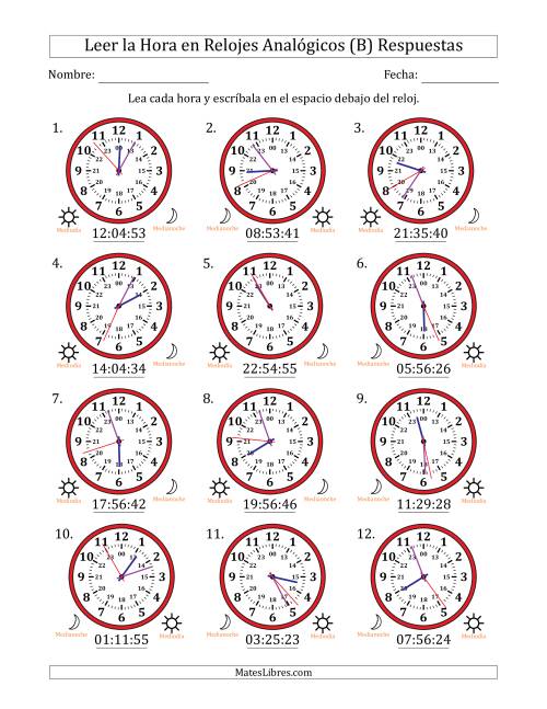 La hoja de ejercicios de Leer la Hora en Relojes Analógicos de 24 Horas en Intervalos de 1 Segundo (12 Relojes) (B) Página 2