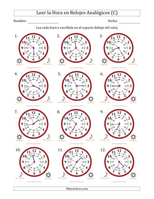 La hoja de ejercicios de Leer la Hora en Relojes Analógicos de 24 Horas en Intervalos de 1 Segundo (12 Relojes) (C)