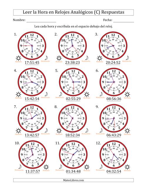 La hoja de ejercicios de Leer la Hora en Relojes Analógicos de 24 Horas en Intervalos de 1 Segundo (12 Relojes) (C) Página 2