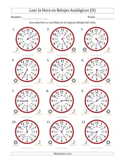 La hoja de ejercicios de Leer la Hora en Relojes Analógicos de 24 Horas en Intervalos de 1 Segundo (12 Relojes) (D)