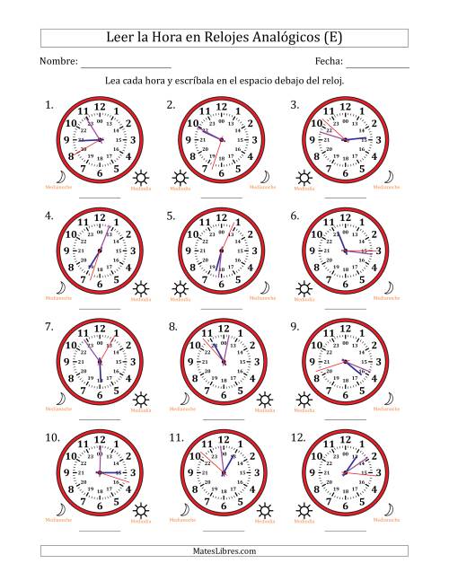 La hoja de ejercicios de Leer la Hora en Relojes Analógicos de 24 Horas en Intervalos de 1 Segundo (12 Relojes) (E)
