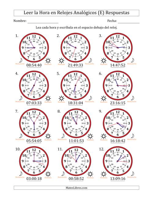 La hoja de ejercicios de Leer la Hora en Relojes Analógicos de 24 Horas en Intervalos de 1 Segundo (12 Relojes) (E) Página 2