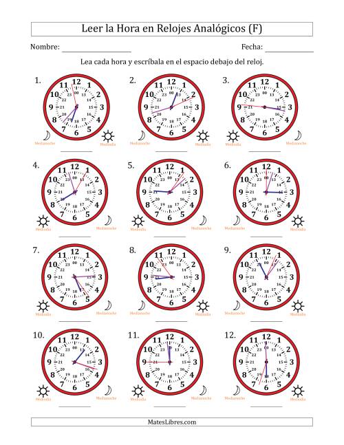 La hoja de ejercicios de Leer la Hora en Relojes Analógicos de 24 Horas en Intervalos de 1 Segundo (12 Relojes) (F)