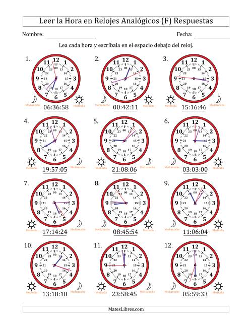 La hoja de ejercicios de Leer la Hora en Relojes Analógicos de 24 Horas en Intervalos de 1 Segundo (12 Relojes) (F) Página 2