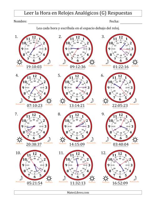 La hoja de ejercicios de Leer la Hora en Relojes Analógicos de 24 Horas en Intervalos de 1 Segundo (12 Relojes) (G) Página 2