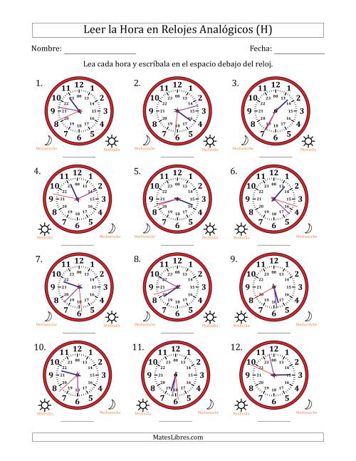 La hoja de ejercicios de Leer la Hora en Relojes Analógicos de 24 Horas en Intervalos de 1 Segundo (12 Relojes) (H)