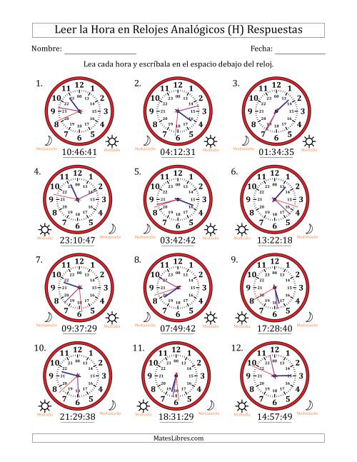 La hoja de ejercicios de Leer la Hora en Relojes Analógicos de 24 Horas en Intervalos de 1 Segundo (12 Relojes) (H) Página 2