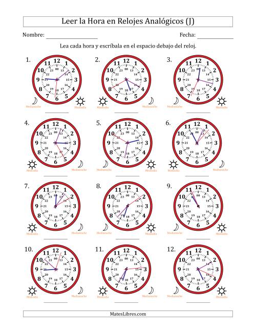 La hoja de ejercicios de Leer la Hora en Relojes Analógicos de 24 Horas en Intervalos de 1 Segundo (12 Relojes) (J)