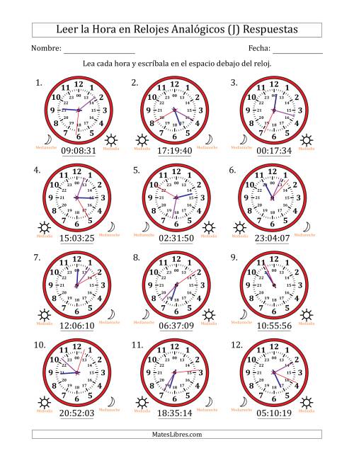 La hoja de ejercicios de Leer la Hora en Relojes Analógicos de 24 Horas en Intervalos de 1 Segundo (12 Relojes) (J) Página 2