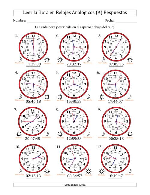 La hoja de ejercicios de Leer la Hora en Relojes Analógicos de 24 Horas en Intervalos de 1 Segundo (12 Relojes) (Todas) Página 2