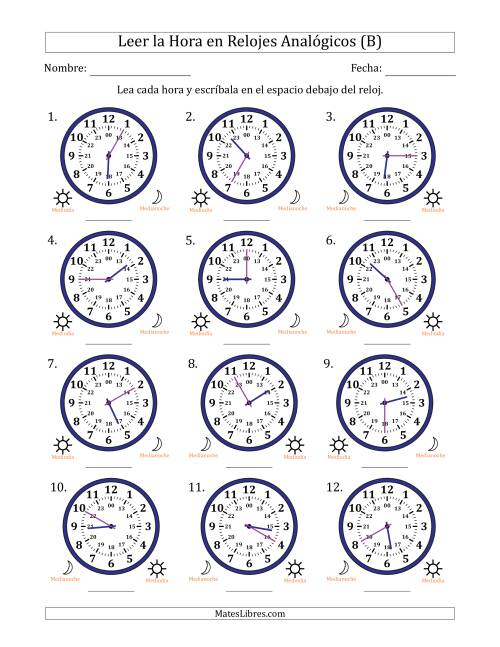 La hoja de ejercicios de Leer la Hora en Relojes Analógicos de 24 Horas en Intervalos de 5 Minuto (12 Relojes) (B)
