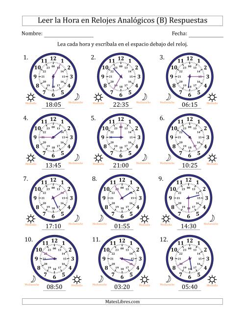 La hoja de ejercicios de Leer la Hora en Relojes Analógicos de 24 Horas en Intervalos de 5 Minuto (12 Relojes) (B) Página 2