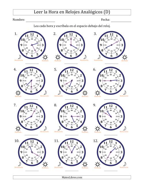 La hoja de ejercicios de Leer la Hora en Relojes Analógicos de 24 Horas en Intervalos de 5 Minuto (12 Relojes) (D)