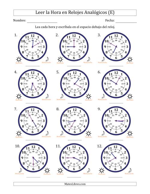 La hoja de ejercicios de Leer la Hora en Relojes Analógicos de 24 Horas en Intervalos de 5 Minuto (12 Relojes) (E)
