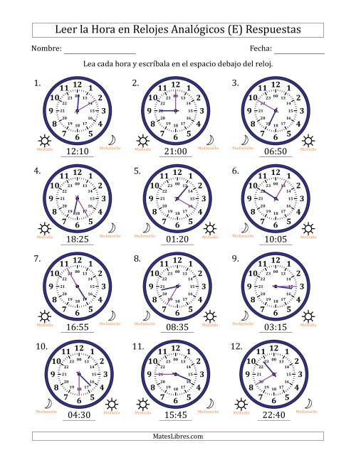 La hoja de ejercicios de Leer la Hora en Relojes Analógicos de 24 Horas en Intervalos de 5 Minuto (12 Relojes) (E) Página 2